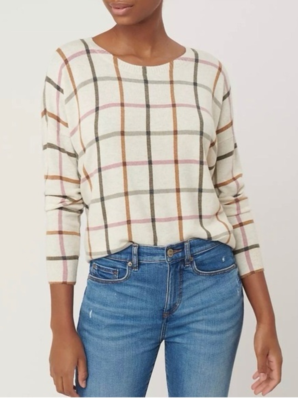 LOFT Cream Grid Plaid Crewneck Sweater